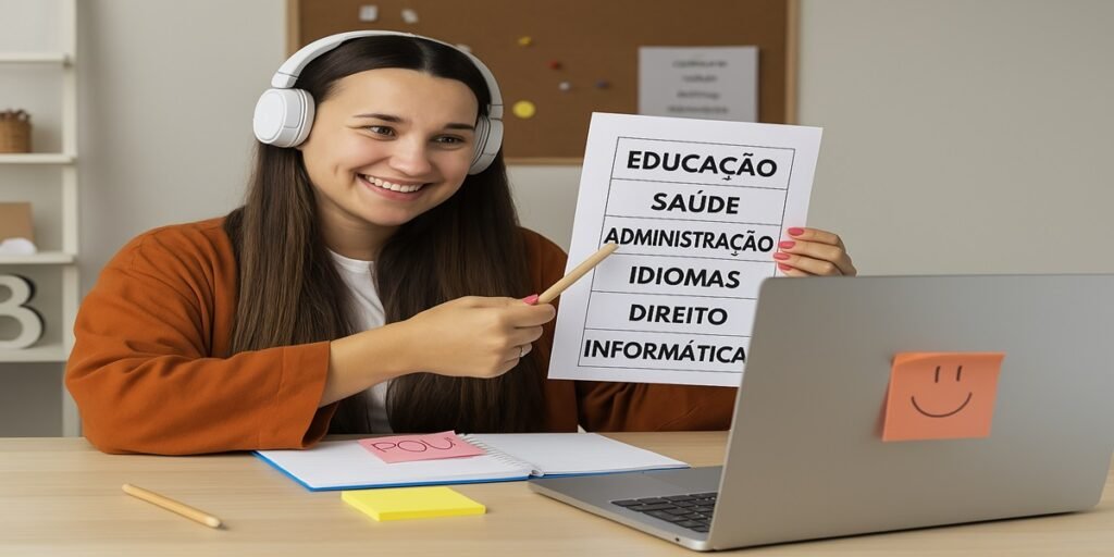 Pessoa sentada em frente ao notebook, segurando folha com nomes de áreas de estudo e utilizando fones de ouvido para aprender online