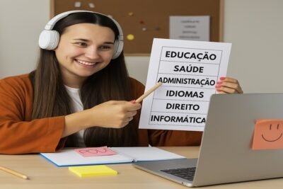Pessoa sentada em frente ao notebook, segurando folha com nomes de áreas de estudo e utilizando fones de ouvido para aprender online