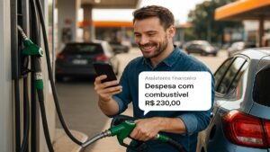 Usuário interagindo com interface de escolha de assistentes financeiros em aplicativo móvel