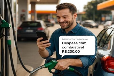 Usuário interagindo com interface de escolha de assistentes financeiros em aplicativo móvel
